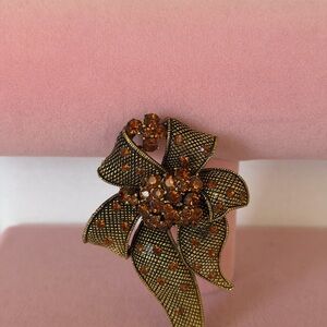 Vintage Mesh & Rhinestone Floral Ribbon Brooch